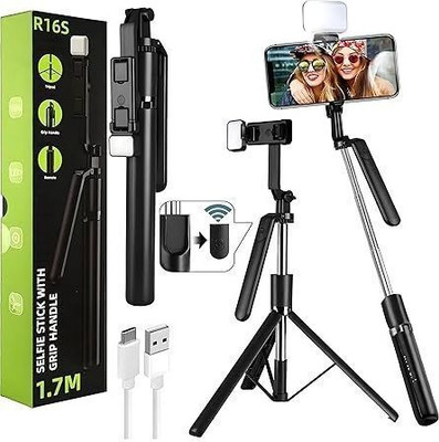 GETGETO R16S 360° Rotation Long Selfie Stick with Light Tripod(Black, Supports Up to 1400 g)