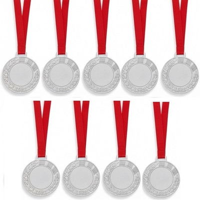 Be Win “Set of 9 Silver Finish Medals with Red Ribbon –Ideal for Competitions & Awards” Medal(2.5inch ( 60gm))