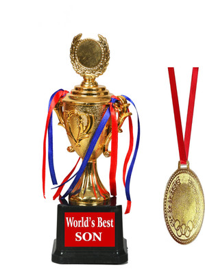 Jayshri handicrafts Gift for Son Best Son The World Golden Award Trophy WITH MEDAL Gift for Birthday Medal(9.8-Inch)