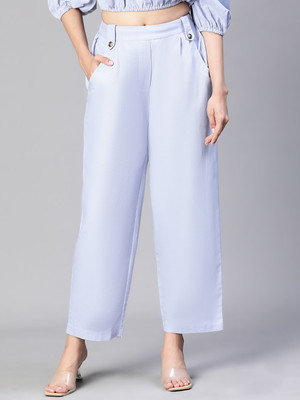 OXOLLOXO Women Solid Blue Elasticated& Buttoned Cotton Pant Relaxed Women Blue Trousers