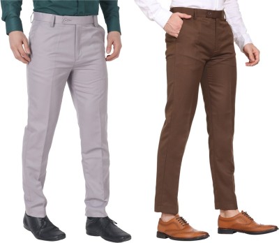 SYLZON Slim Fit Men Silver, Brown Trousers