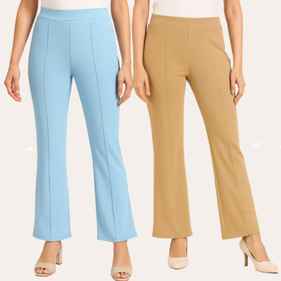 Chrome & Coral Flared Women Light Blue, Cream Trousers
