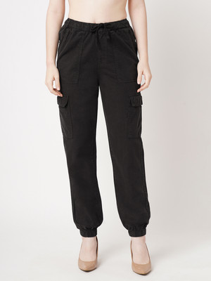 Kraus Jeans Women Charcoal High-Rise Cargo Joggers Loose Fit Women Black Trousers