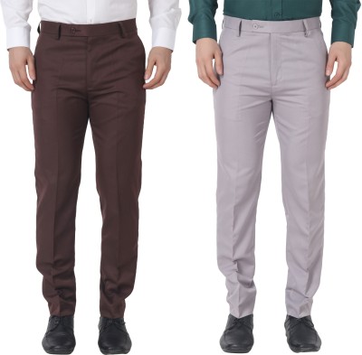 Maleno Slim Fit Men Brown, Grey Trousers