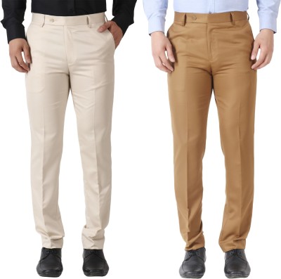 SYLZON Slim Fit Men Cream, Brown Trousers