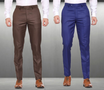 SYLZON Slim Fit Men Brown, Light Blue Trousers