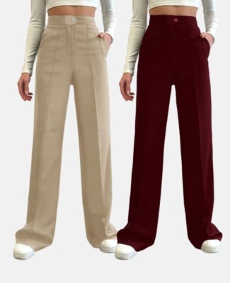 NUCOUTHS Regular Fit Women Beige, Maroon Trousers