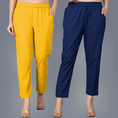 QuaClo Regular Fit Women Yellow, Dark Blue Trousers