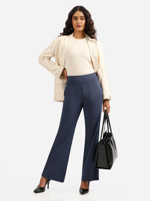 BlissClub Work-To-Wine Twill Wide Leg Flare Pants - Regular Women Blue Trousers