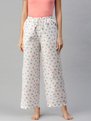 Bareblow White Floral Wide Leg Regular Fit Women White Trousers