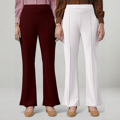 lookskky Loose Fit Women Maroon, White Trousers