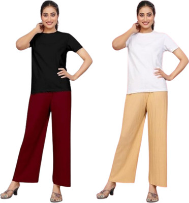 Khdijh Creation Regular Fit, Comfort Fit Women Maroon, Beige Trousers