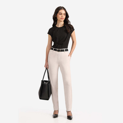 BlissClub Work-To-Wine Twill Straight Pants - Regular Straight Fit Women Beige Trousers