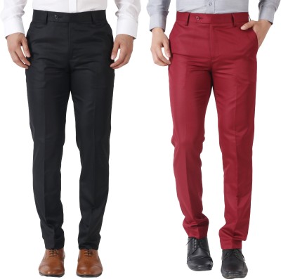 Maleno Slim Fit Men Black, Maroon Trousers