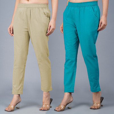 QuaClo Regular Fit Women Beige, Light Blue Trousers