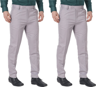 SYLZON Slim Fit Men Silver Trousers