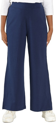 BlissClub AM:PM Cotton Wide Legged Pants - Regular Relaxed Women Dark Blue Trousers