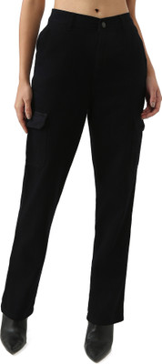 Kraus Jeans Women High-Rise Loose Fit Cargo Relaxed Women Black Trousers