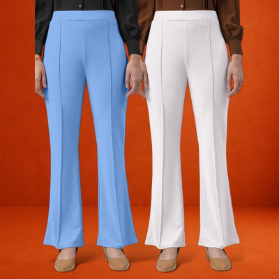 lookskky Loose Fit Women Light Blue, White Trousers