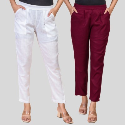 QuaClo Regular Fit Women White, Maroon Trousers