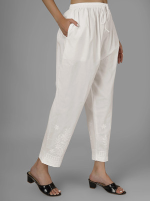 Fatima Chikan Handicraft Straight Fit Women White Trousers