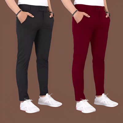 GIBBONTE Slim Fit Men Black, Maroon Trousers