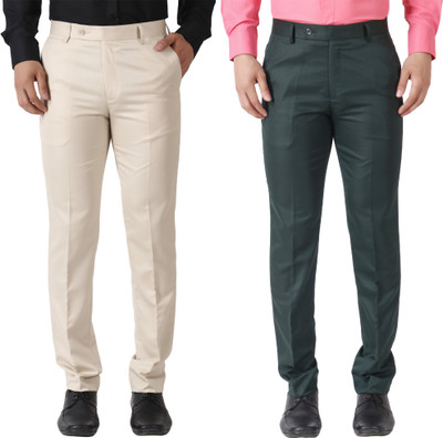Maleno Slim Fit Men Cream, Dark Green Trousers