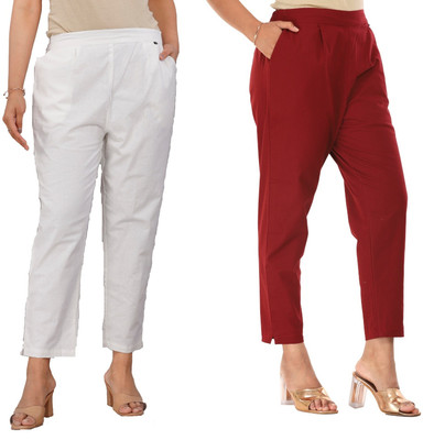 Averill Slim Fit Women White, Maroon Trousers
