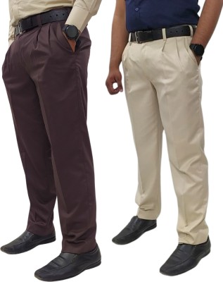 Clavelite Regular Fit Men Brown, Cream Trousers