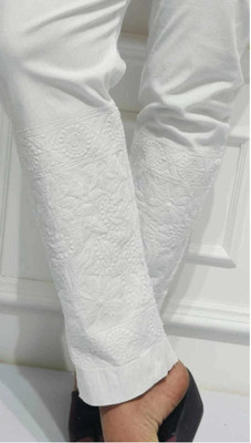premium chikan Slim Fit Women White Trousers