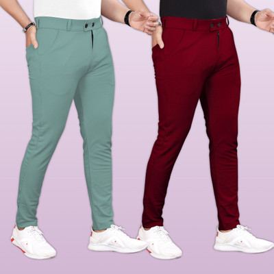 GIBBONTE Slim Fit Men Green, Maroon Trousers
