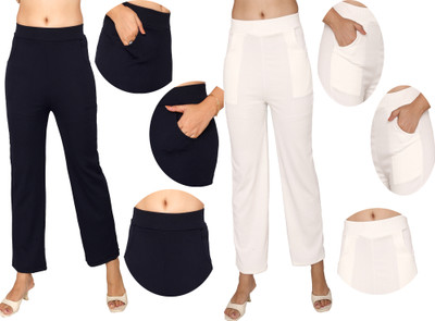 Fashion Bazaar Regular Fit Women Dark Blue, White Trousers