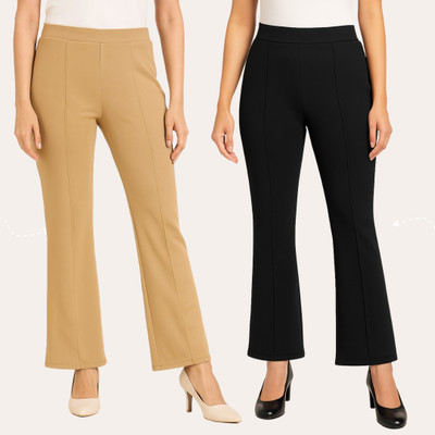 Chrome & Coral Flared Women Black, Cream Trousers