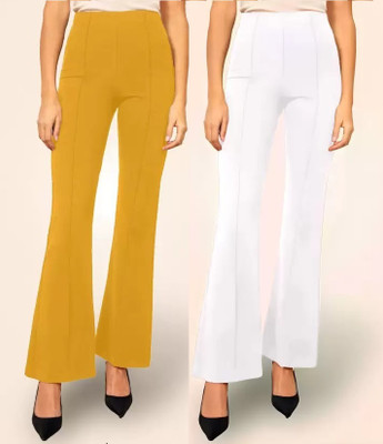GLOWIC Flared Women Yellow, White Trousers