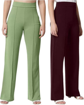 OOWL Straight Fit Women Green, Maroon Trousers