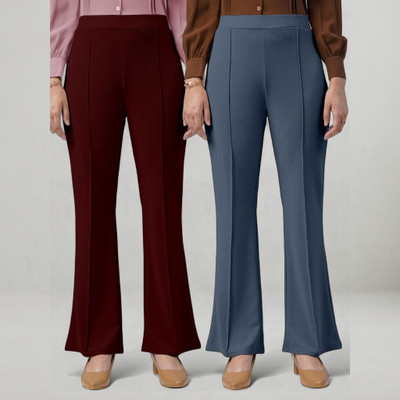 lookskky Loose Fit Women Maroon, Grey Trousers
