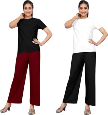 Khdijh Creation Regular Fit, Comfort Fit Women Maroon, Black Trousers