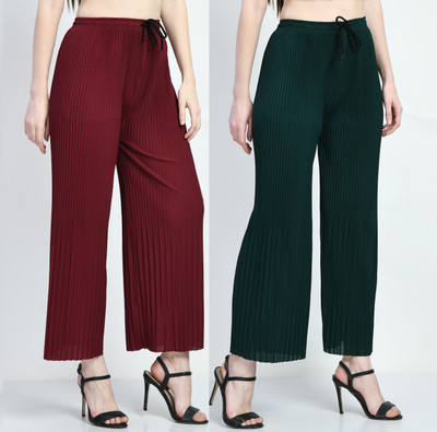 GLOWIC Regular Fit Women Maroon, Green Trousers