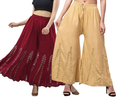 OMAAYA Comfort Fit Women Maroon, Beige Trousers