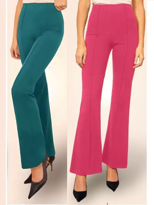 GLOWIC Flared Women Light Green, Pink Trousers