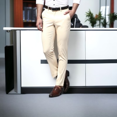 FUKUSO Regular Fit Men Cream Trousers