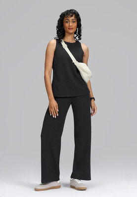 BlissClub RibSupreme Wide Leg Pants - Regular Relaxed Women Black Trousers