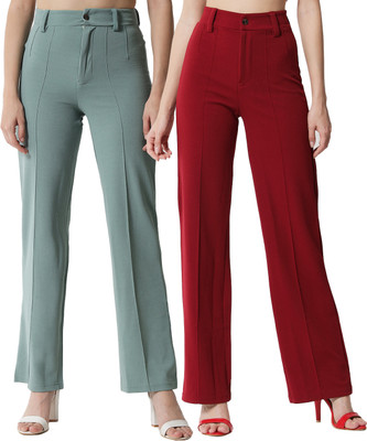 KOTTY Regular Fit Women Light Green, Maroon Trousers