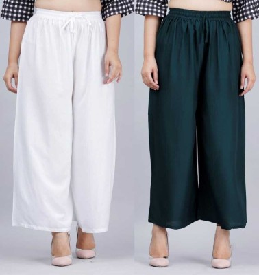 PLAZZO-PAIR Flared Women Dark Green, White Trousers