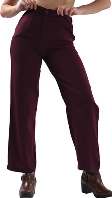 Kraus Jeans Women Wine Mid-Rise Wide Leg Trousers Loose Fit Women Maroon Trousers