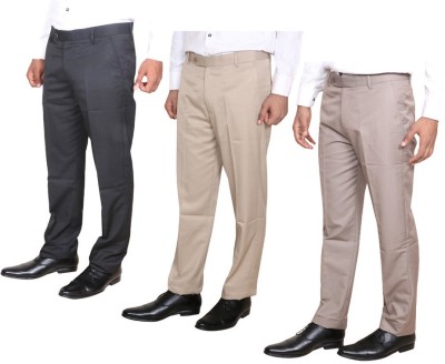 Indistar Regular Fit Men Cream, Beige, Black Trousers