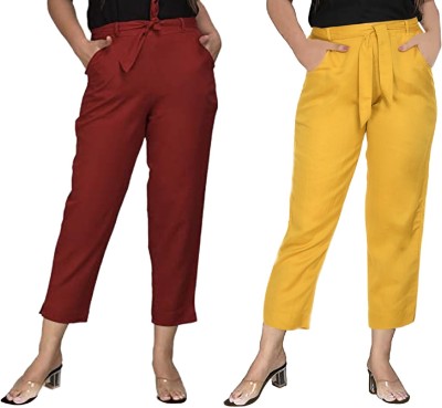 PREEGO Regular Fit Women Maroon, Yellow Trousers