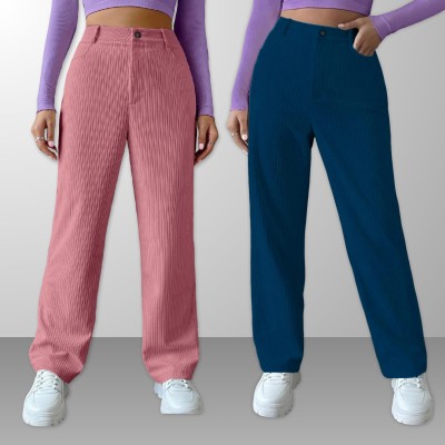 GIBBONTE Loose Fit Women Pink, Blue Trousers