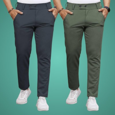 HouseOfComman Regular Fit Men Grey, Green Trousers