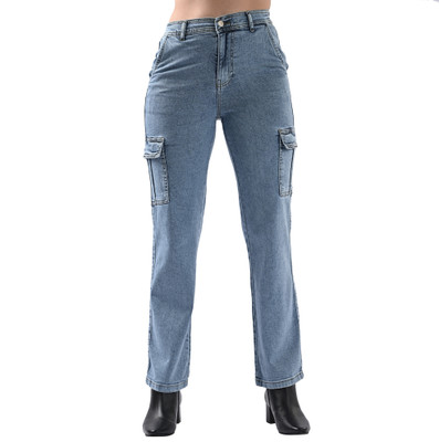 Kraus Jeans Women Blue High-Rise Cargo Loose Fit Women Light Blue Trousers